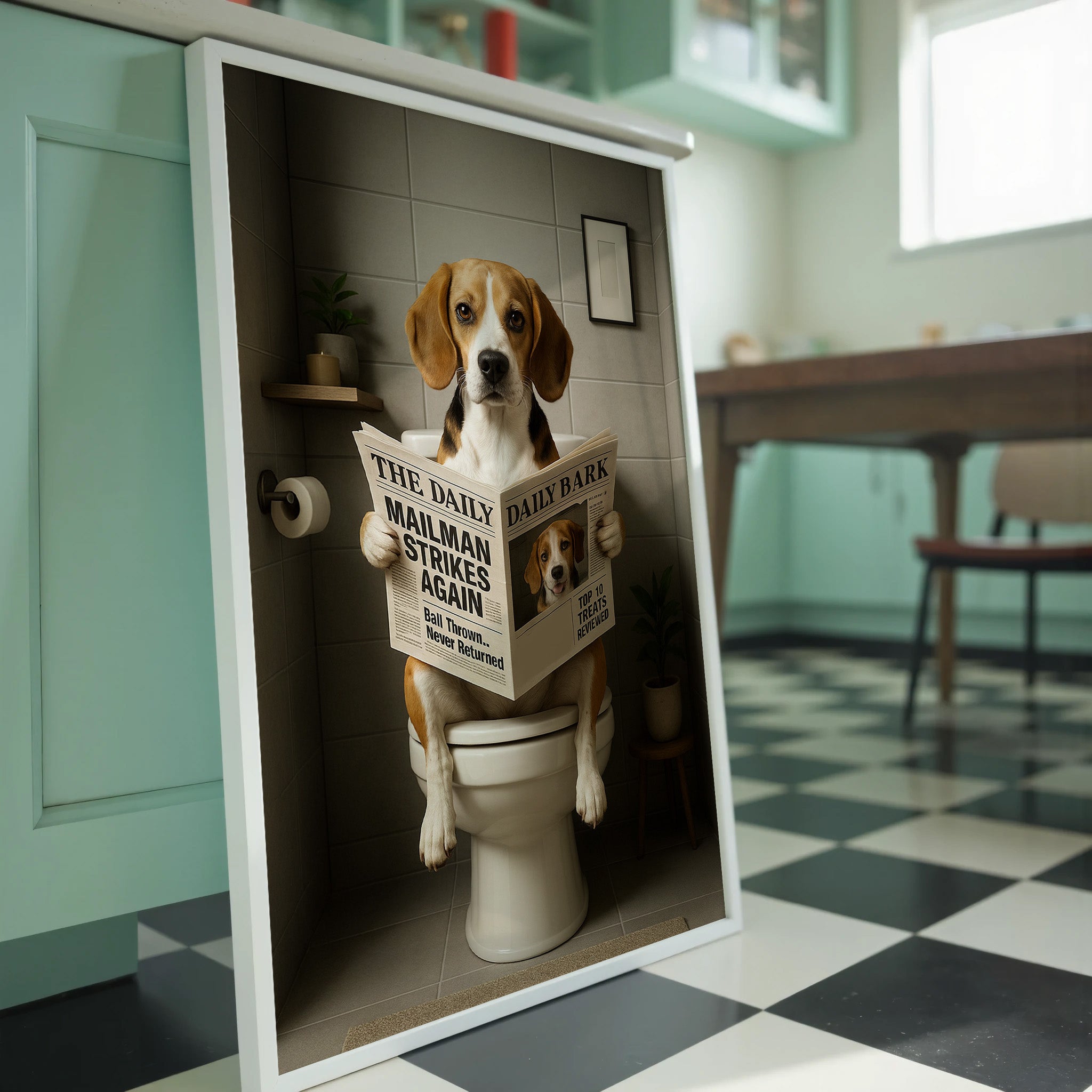 Beagle On The Toilet | Funny Dog Bathroom Wall Art Print