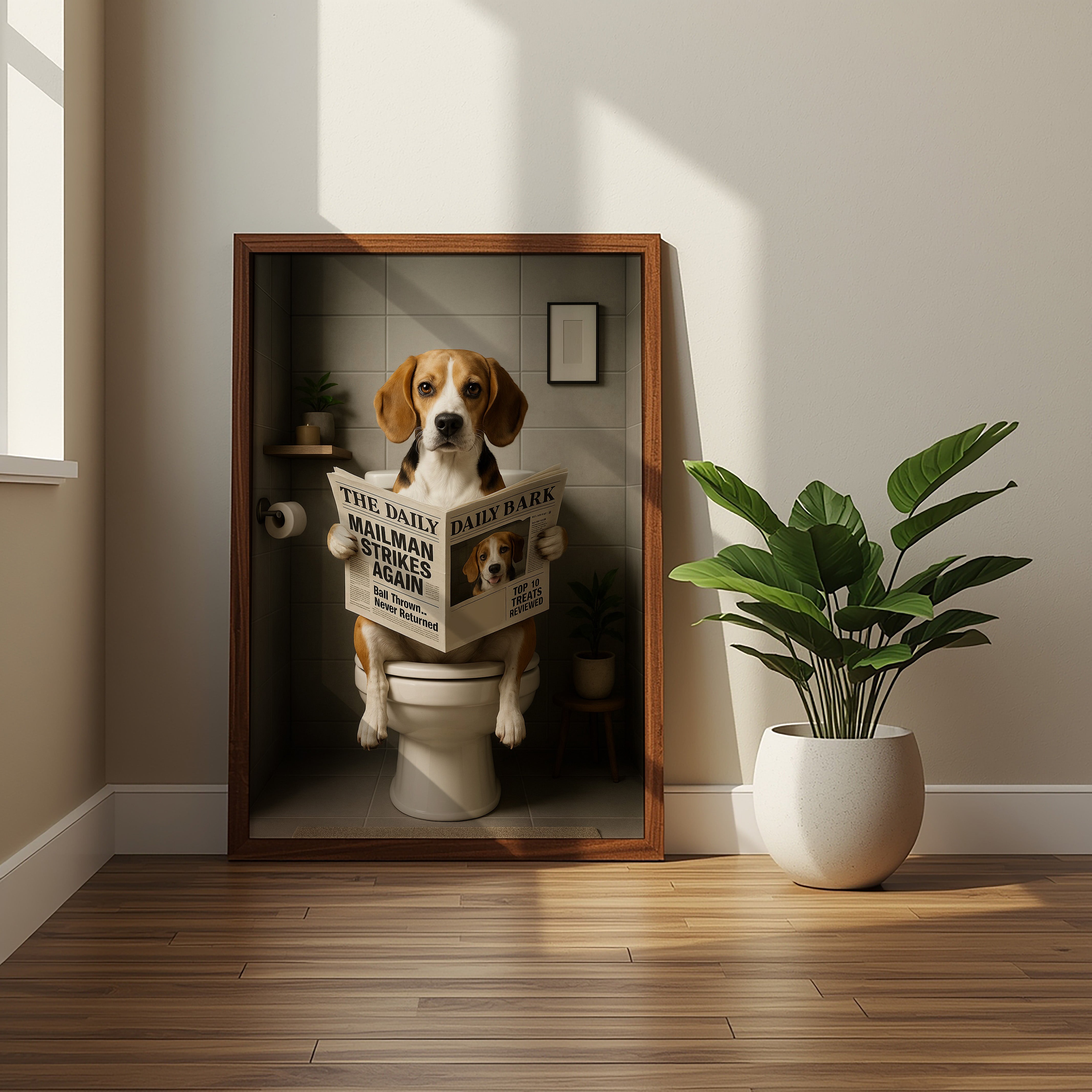 Beagle On The Toilet | Funny Dog Bathroom Wall Art Print