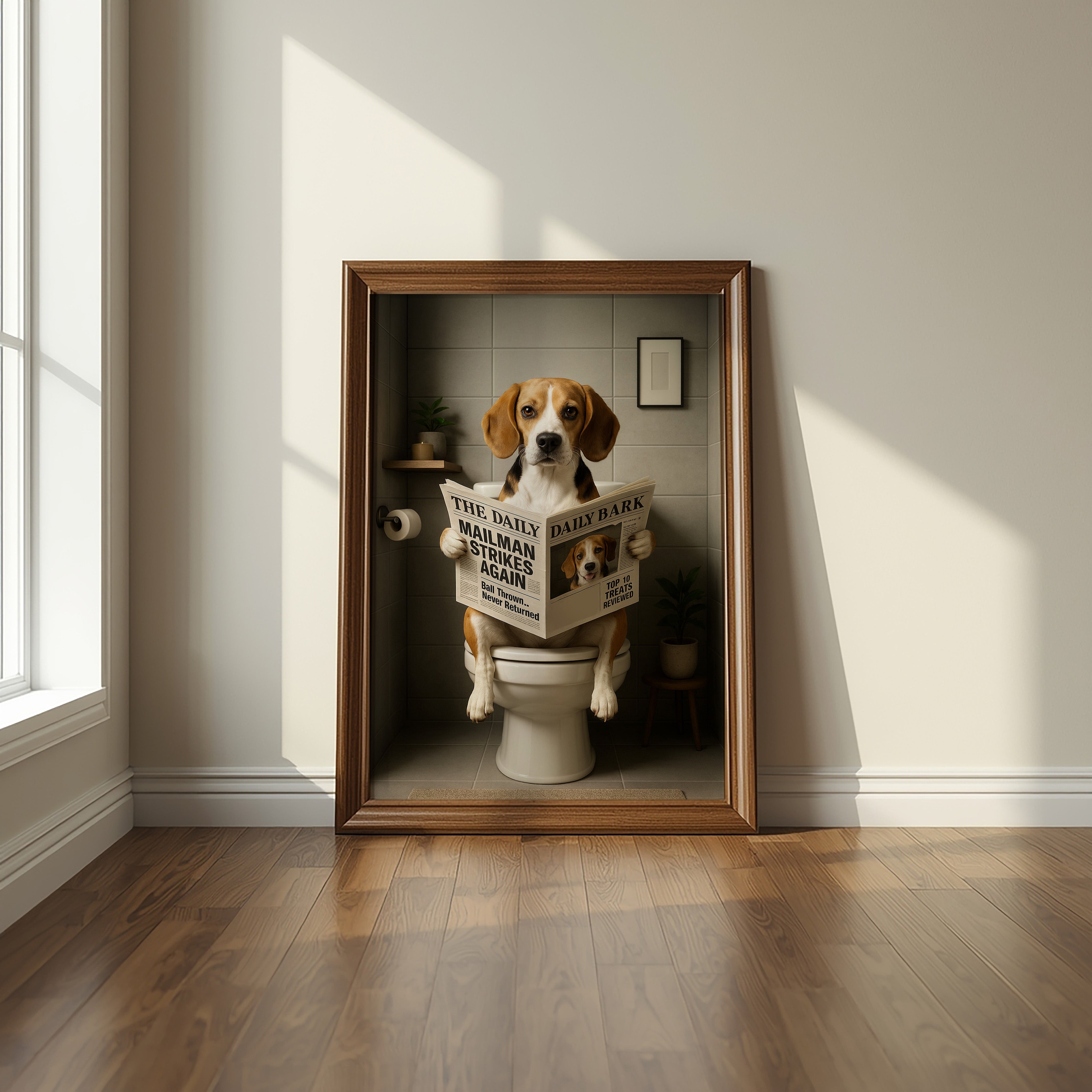 Beagle On The Toilet | Funny Dog Bathroom Wall Art Print