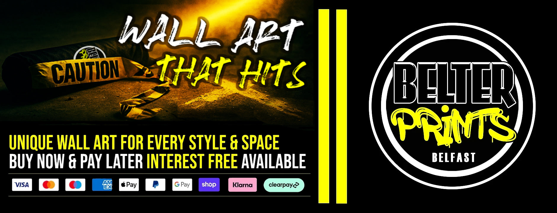 Promotional banner for Belter Prints Unique Wall Art Store Based in UK with FREE worldwide shipping.