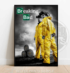 Breaking Bad wall art print with Walter White and Jesse Pinkman in yellow hazmat suits