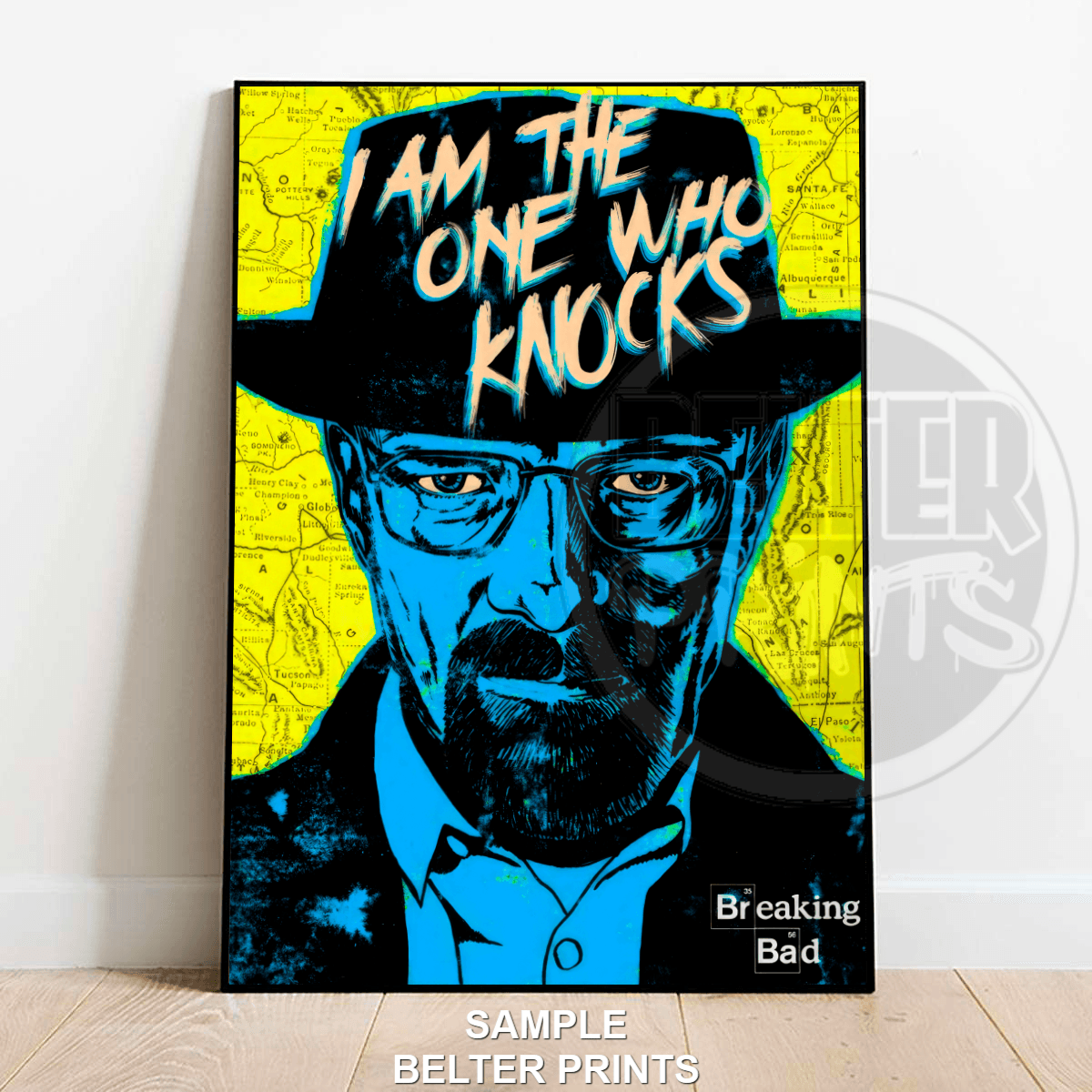 Breaking Bad wall art with Heisenberg and I Am the One Who Knocks quote
