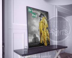 Grayscale desert background with bold yellow suits – Breaking Bad poster