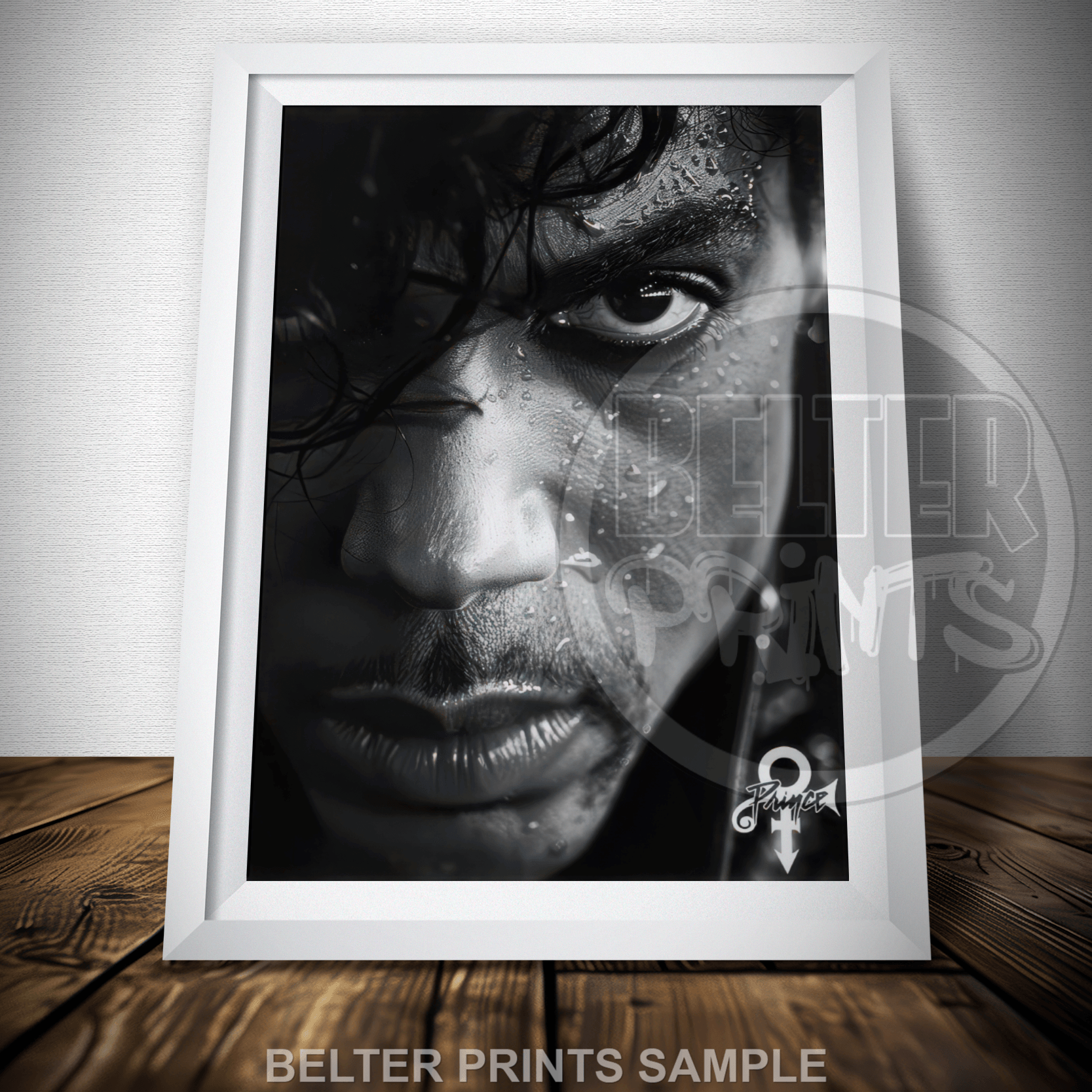 Prince wall art black-and-white close-up portrait with raindrops
