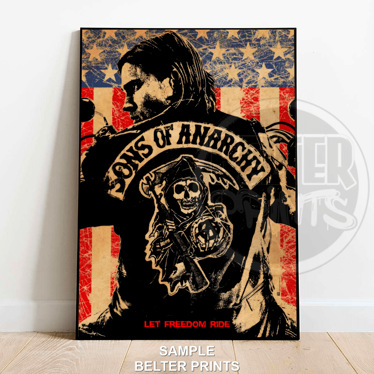 Sons of Anarchy wall art print with Reaper Crew jacket and American flag background
