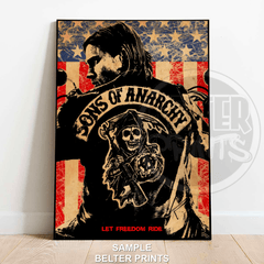 Sons of Anarchy wall art print with Reaper Crew jacket and American flag background