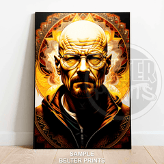 Stylized golden Walter White Breaking Bad wall art print with mandala background