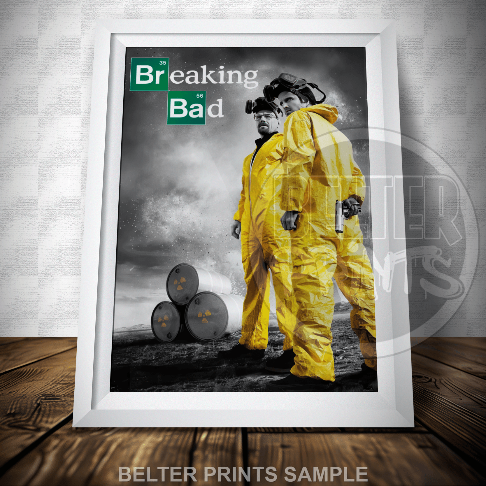TV show art featuring Heisenberg and Jesse beside methylamine barrels