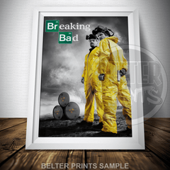 TV show art featuring Heisenberg and Jesse beside methylamine barrels