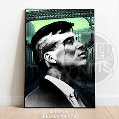 Thomas Shelby Peaky Blinders grayscale portrait with green background