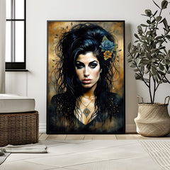 Framed artwork of a woman with flowers in her hair in a room with a plant and baskets.