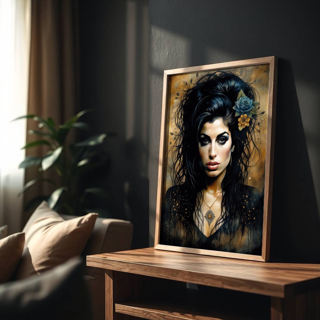 Framed portrait of a woman with flowers in her hair on a wooden table in a room.