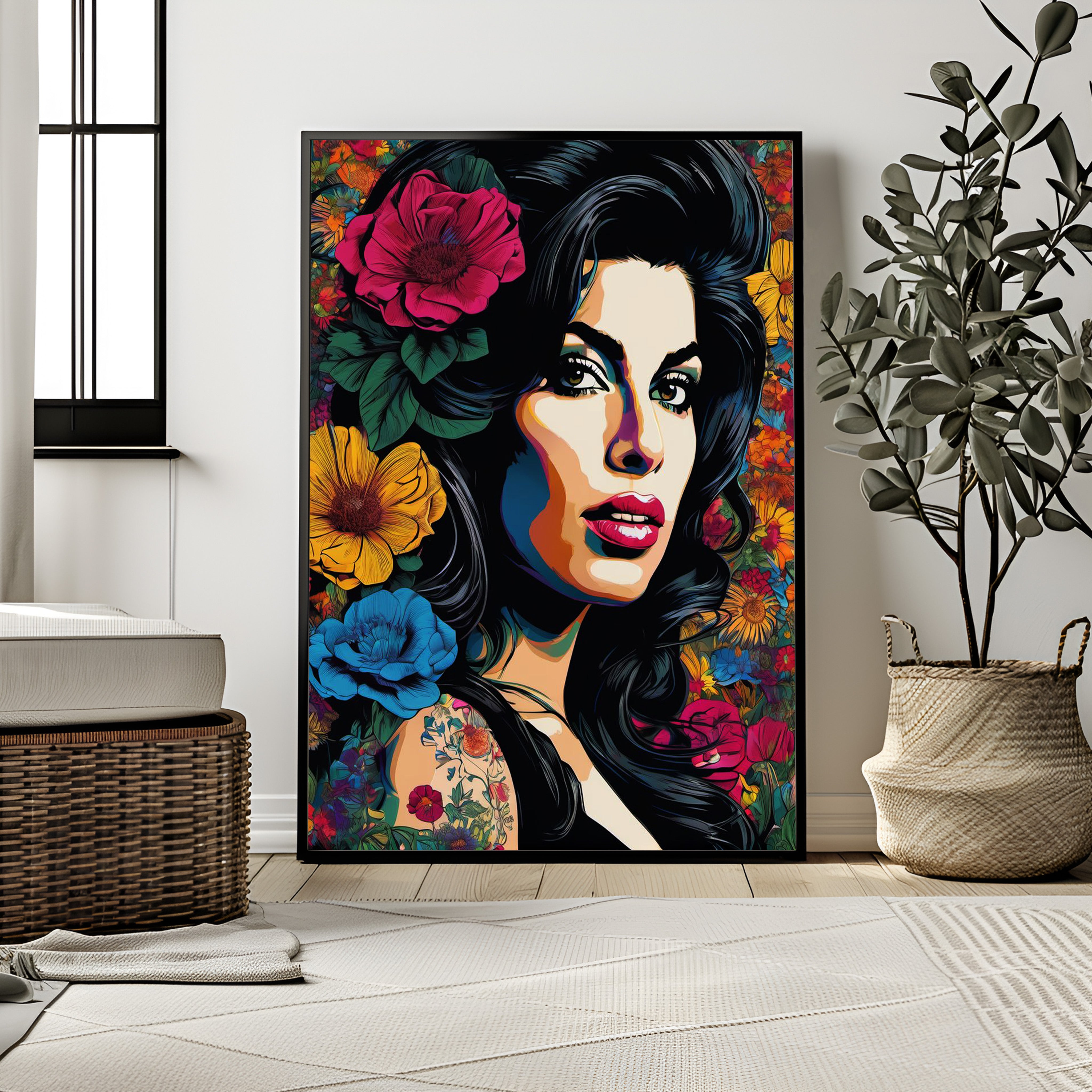 Colorful artwork of a woman with flowers in a modern room