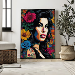 Colorful artwork of a woman with flowers in a modern room
