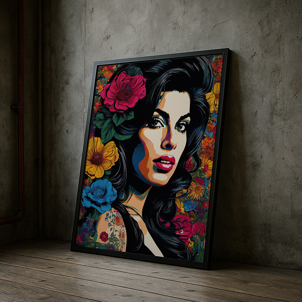 Framed artwork of a woman's face with colorful flowers against a concrete wall.