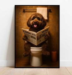 Dog reading a newspaper on a toilet in a bathroom setting