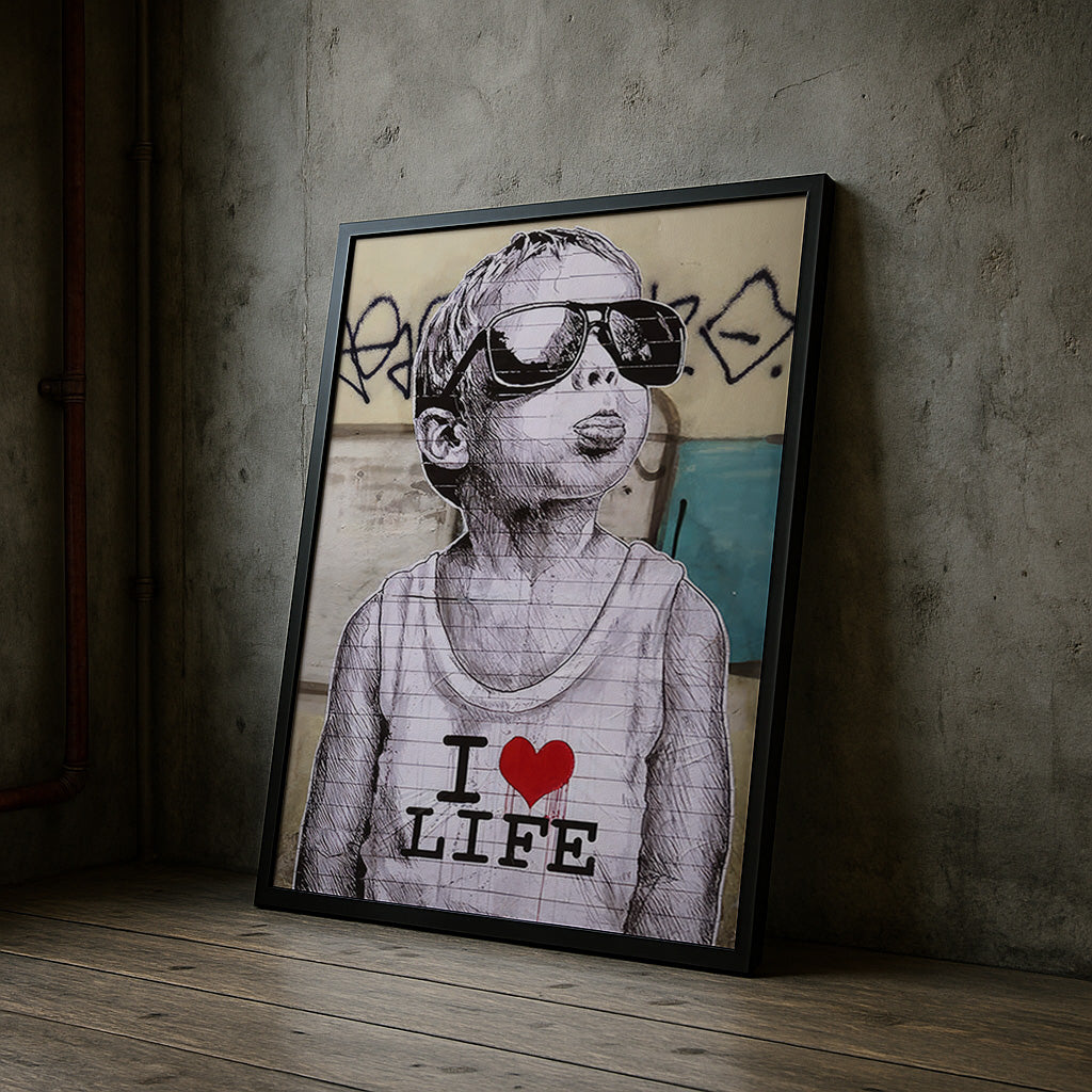 Framed artwork of a child wearing sunglasses and a 'I ❤️ LIFE' shirt against a textured wall.
