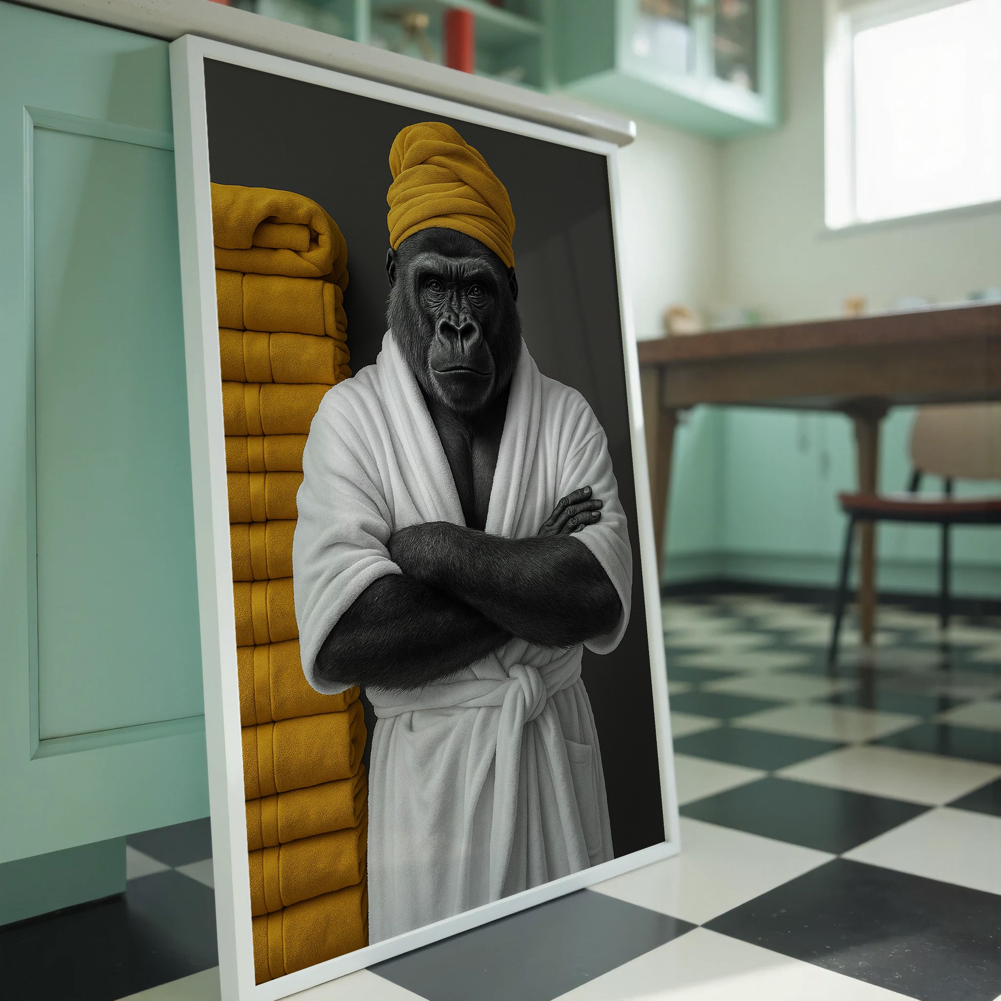 Gorilla in a bathrobe and yellow towel in a room with checkered floor and green cabinets.