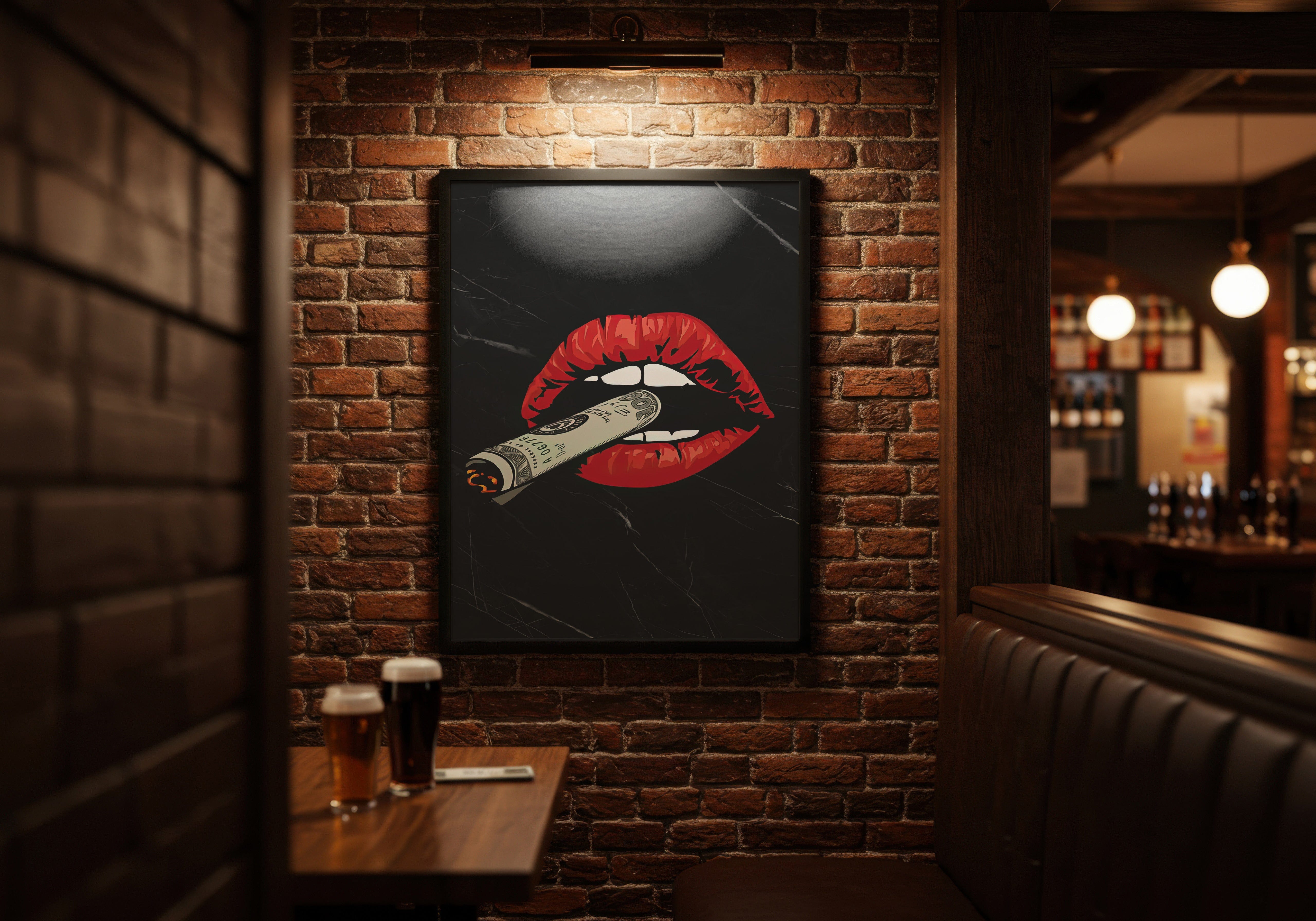 Framed artwork of red lips with a cigarette on a brick wall in a bar setting.