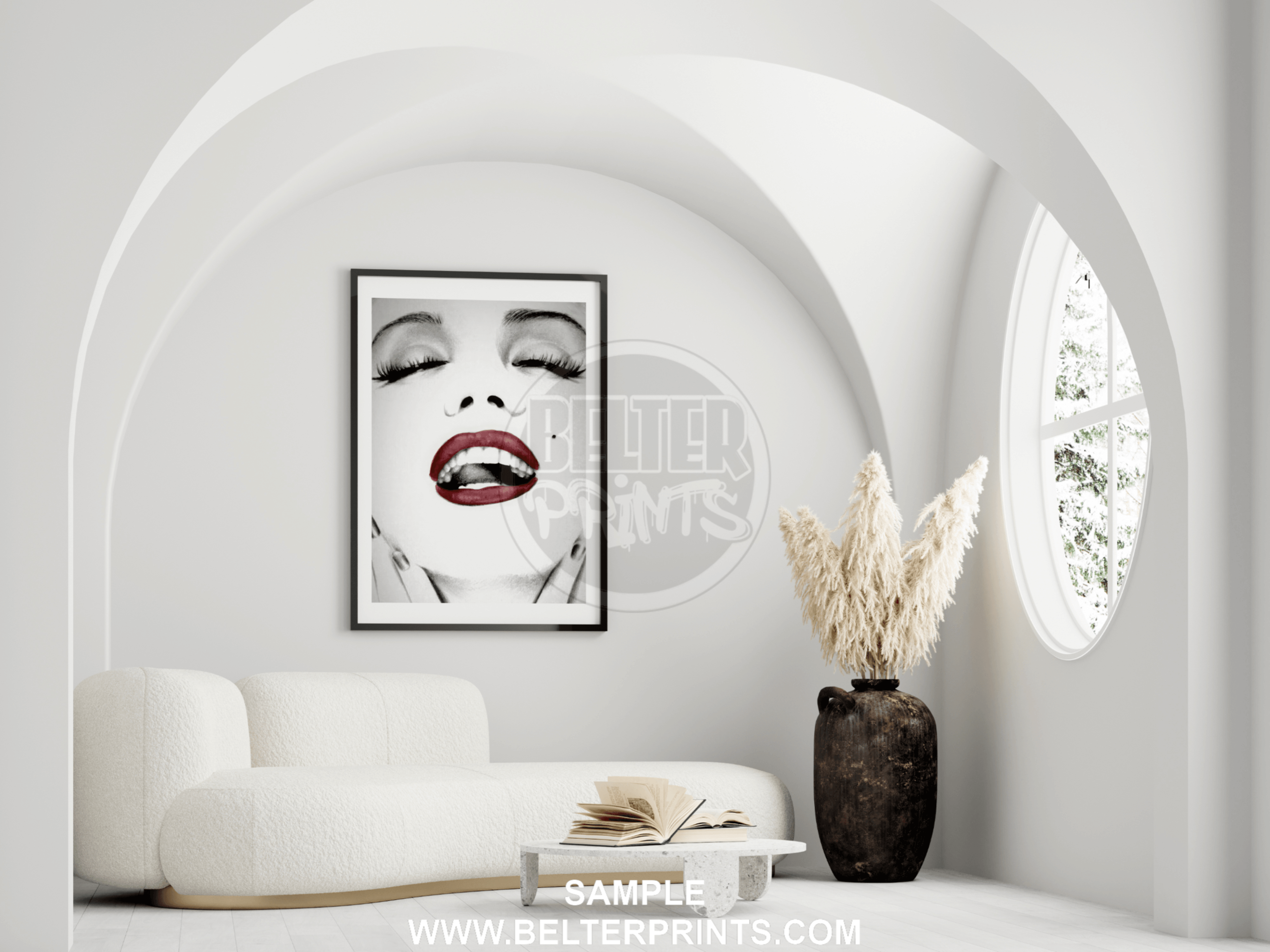 black-and-white portrait with bold red lips and beauty mark
