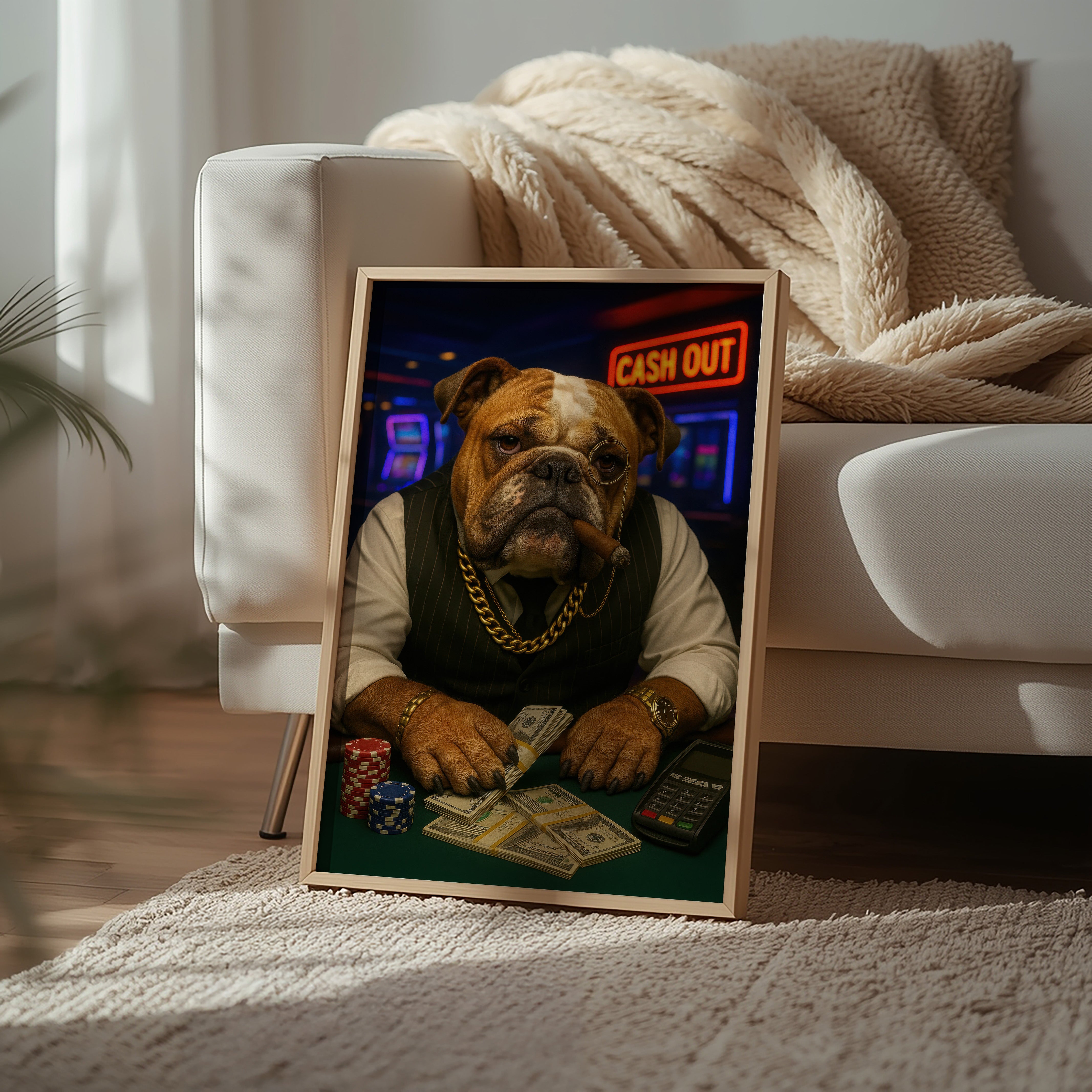 Framed picture of a dog with a cigar and money on a table in a cozy living room.