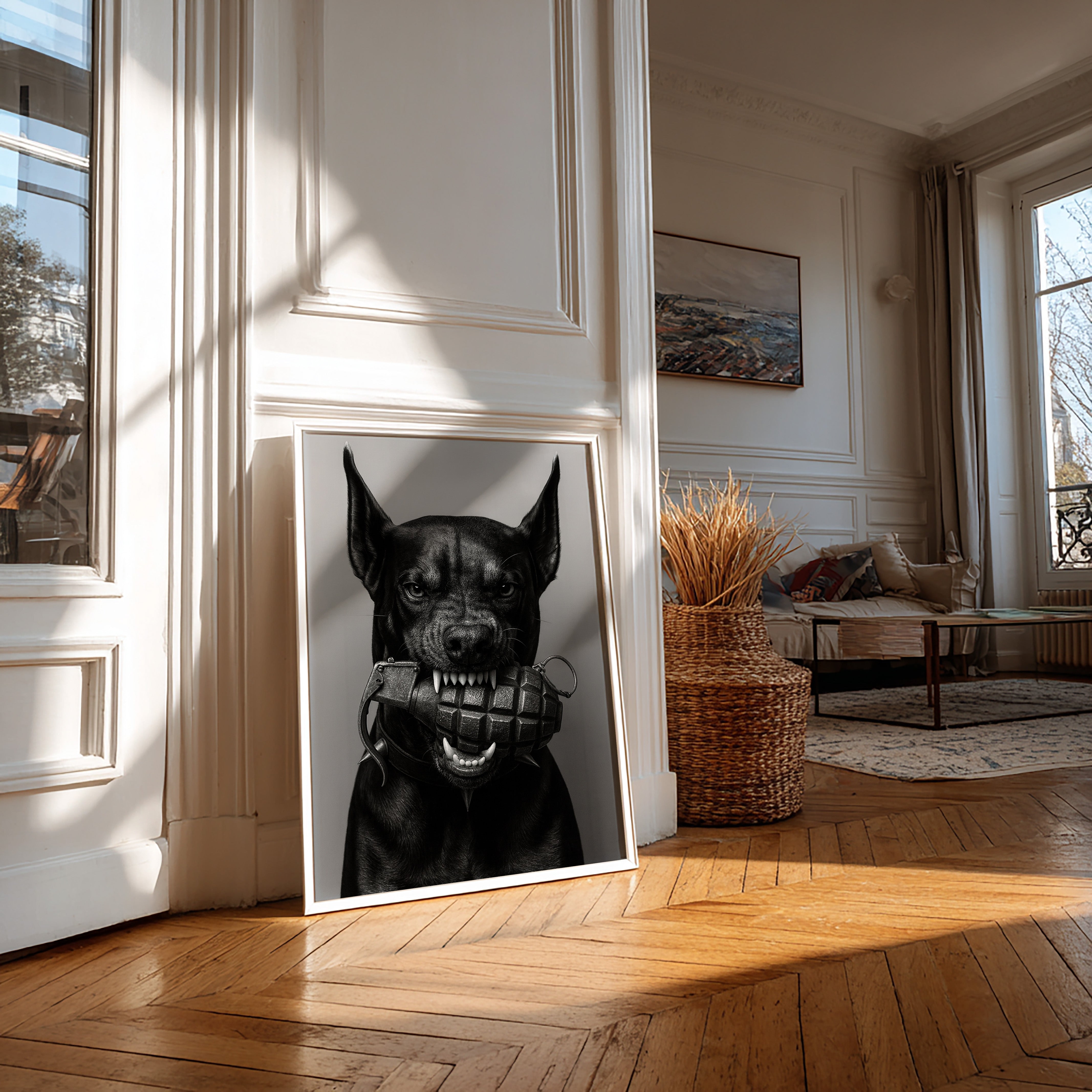 Framed artwork of a black dog in a room with wooden floor and large windows.