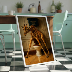 Framed picture of a giraffe using a toilet in a kitchen setting