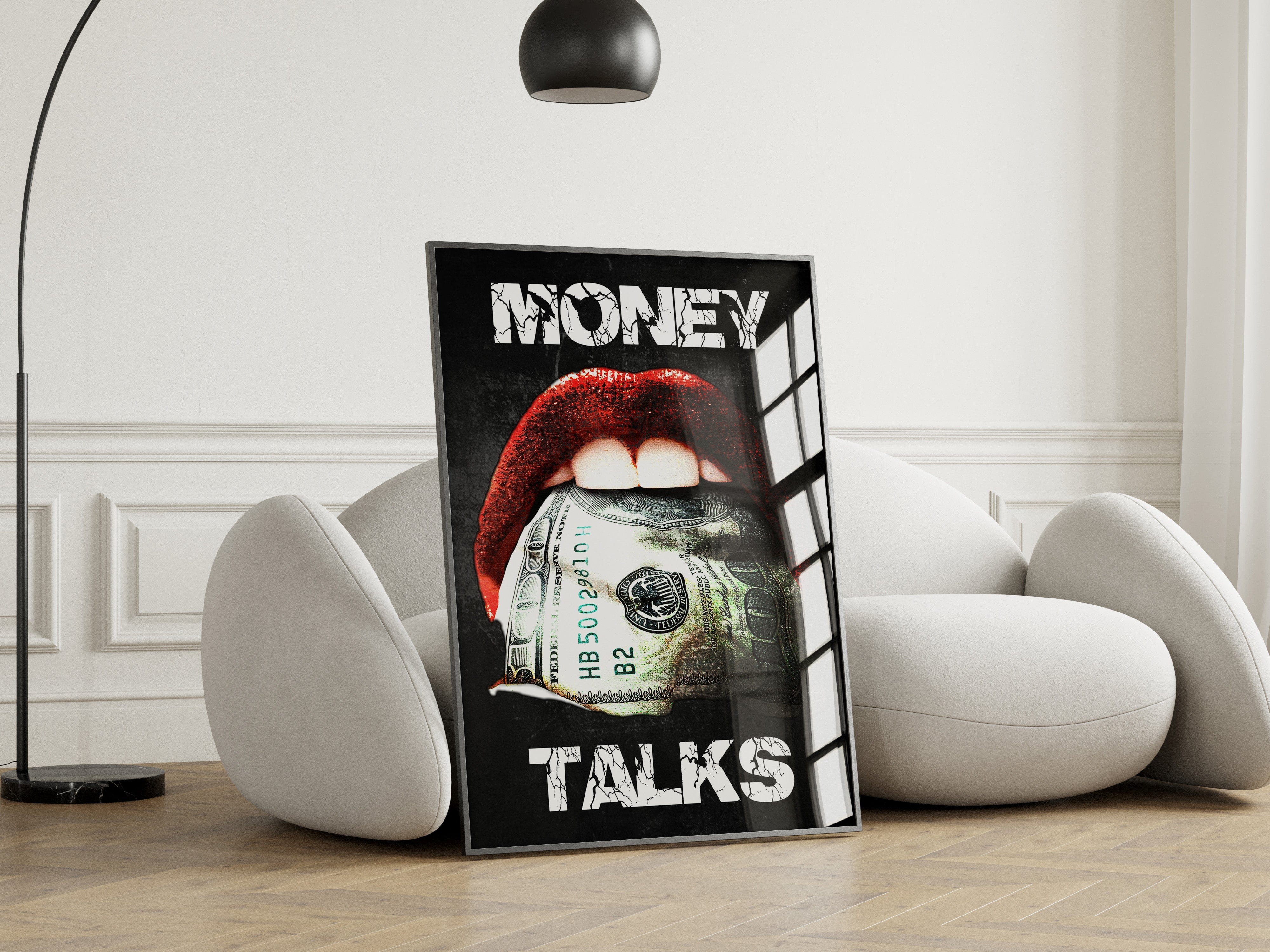 Money Talks pop art wall print featuring bold red lips holding a dollar bill with white typography.