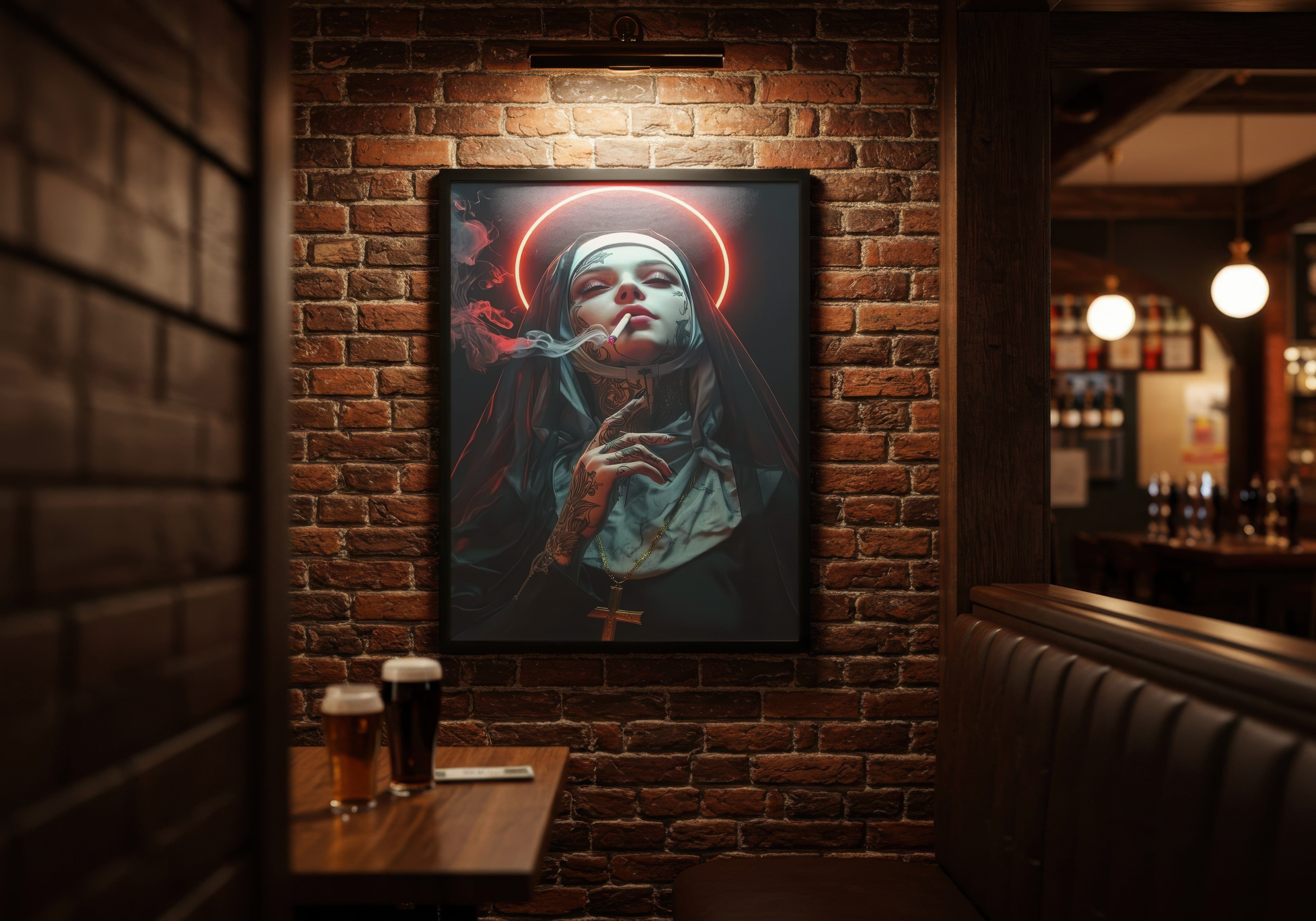 Artistic depiction of a religious figure on a brick wall in a bar setting.