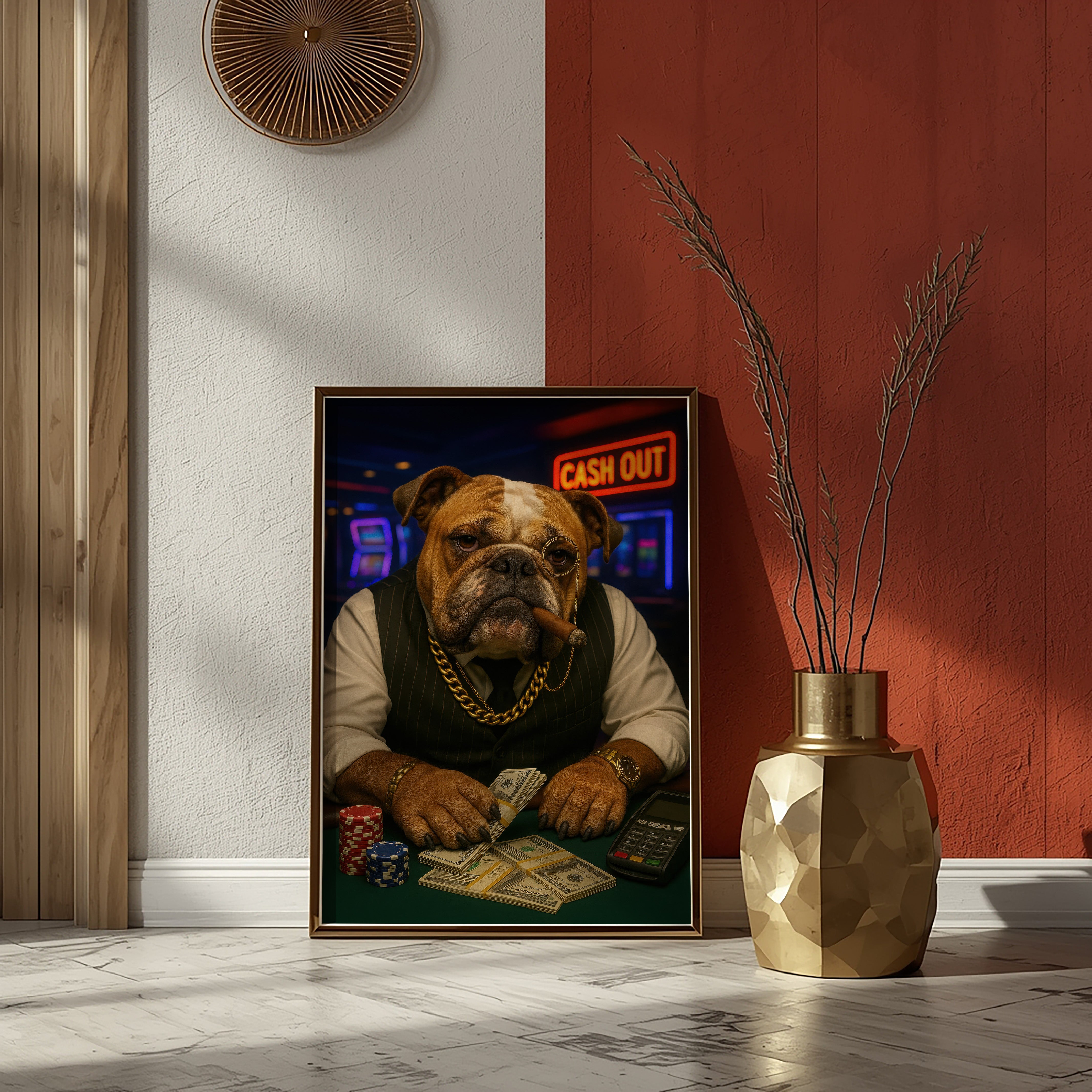 Framed picture of a dog with money on a table in a room with a red wall and gold vase.