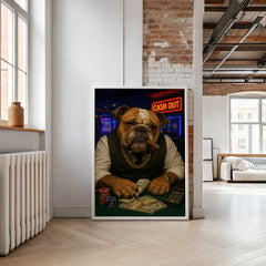 Framed artwork of a dog playing poker in a stylish room with brick walls and large windows.