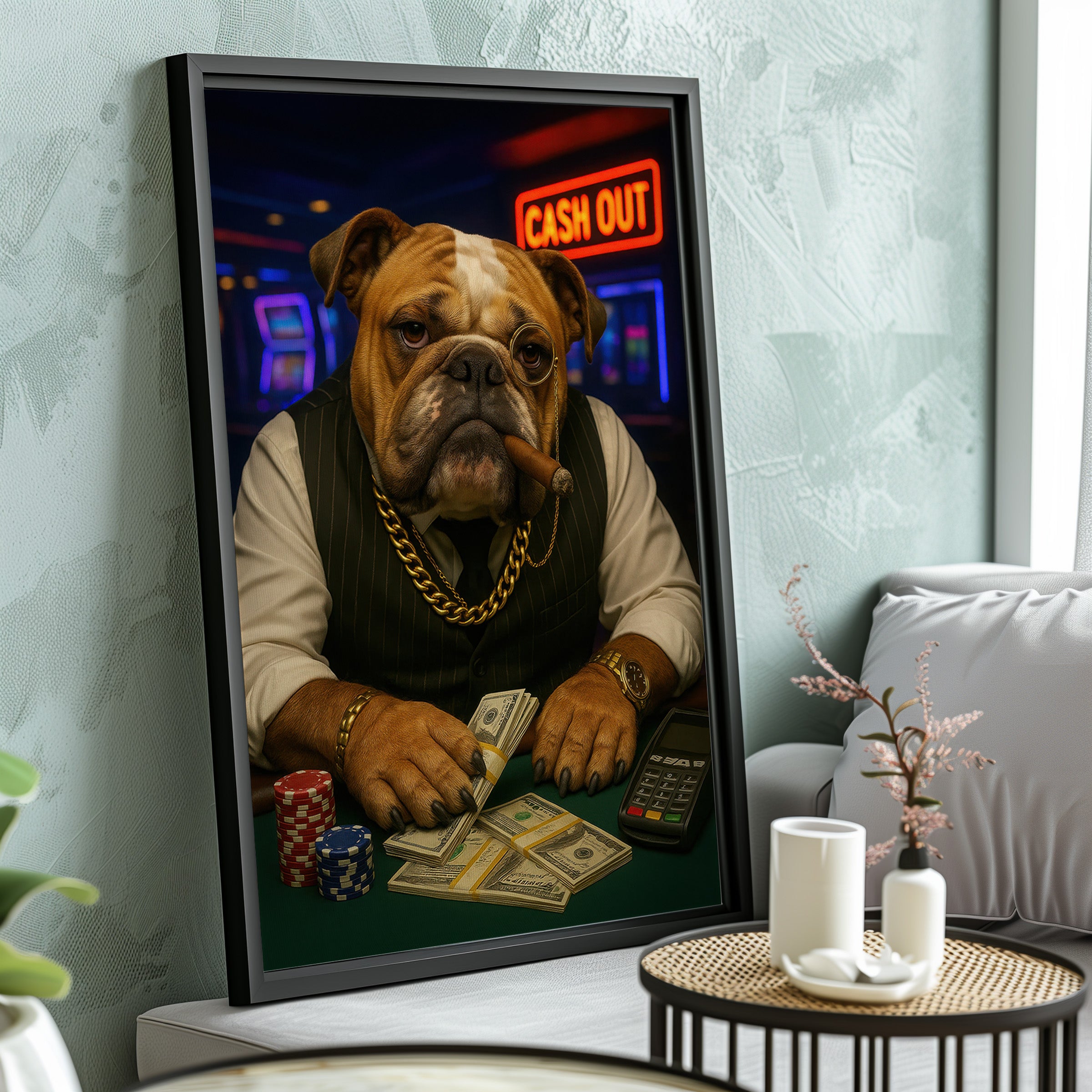 Framed picture of a dog at a casino table with money and chips, sitting on a table.