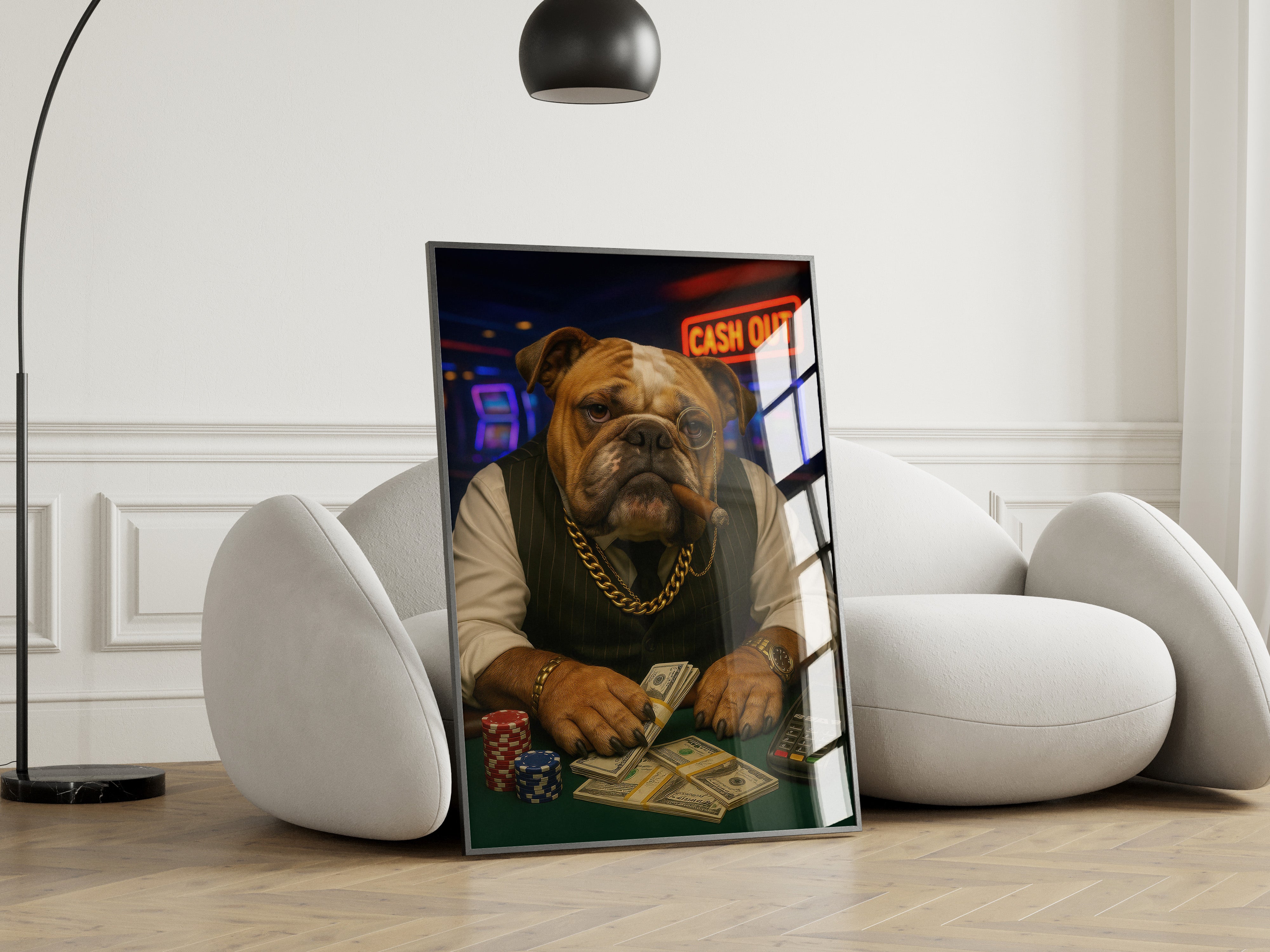 Framed artwork of a bulldog in a stylish outfit with money and cards on a white chair.