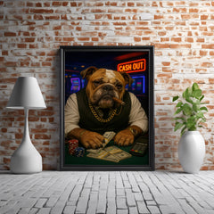 Framed artwork of a dog with a stylish outfit in front of a brick wall.