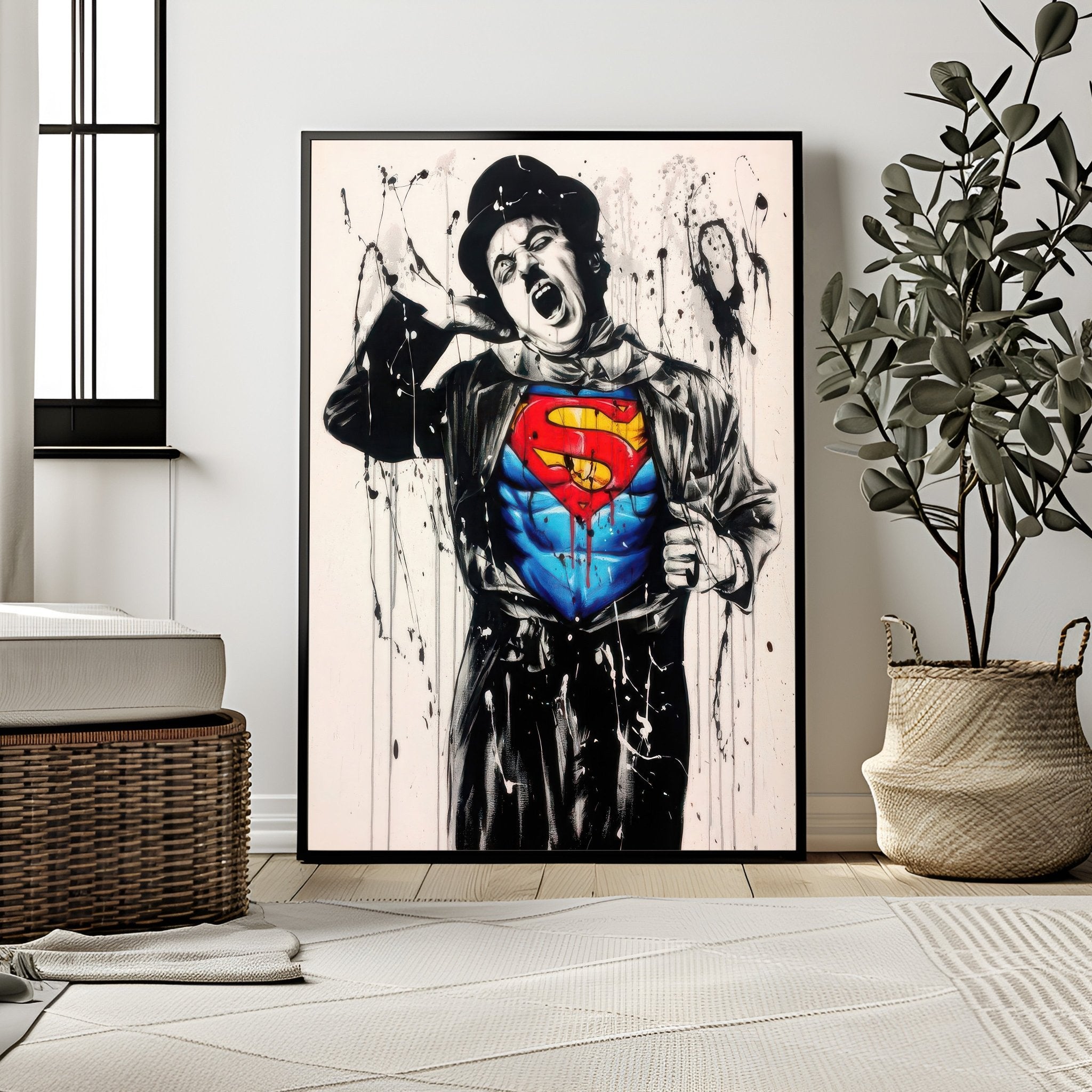 Framed artwork of a character with a Superman logo in a modern room.