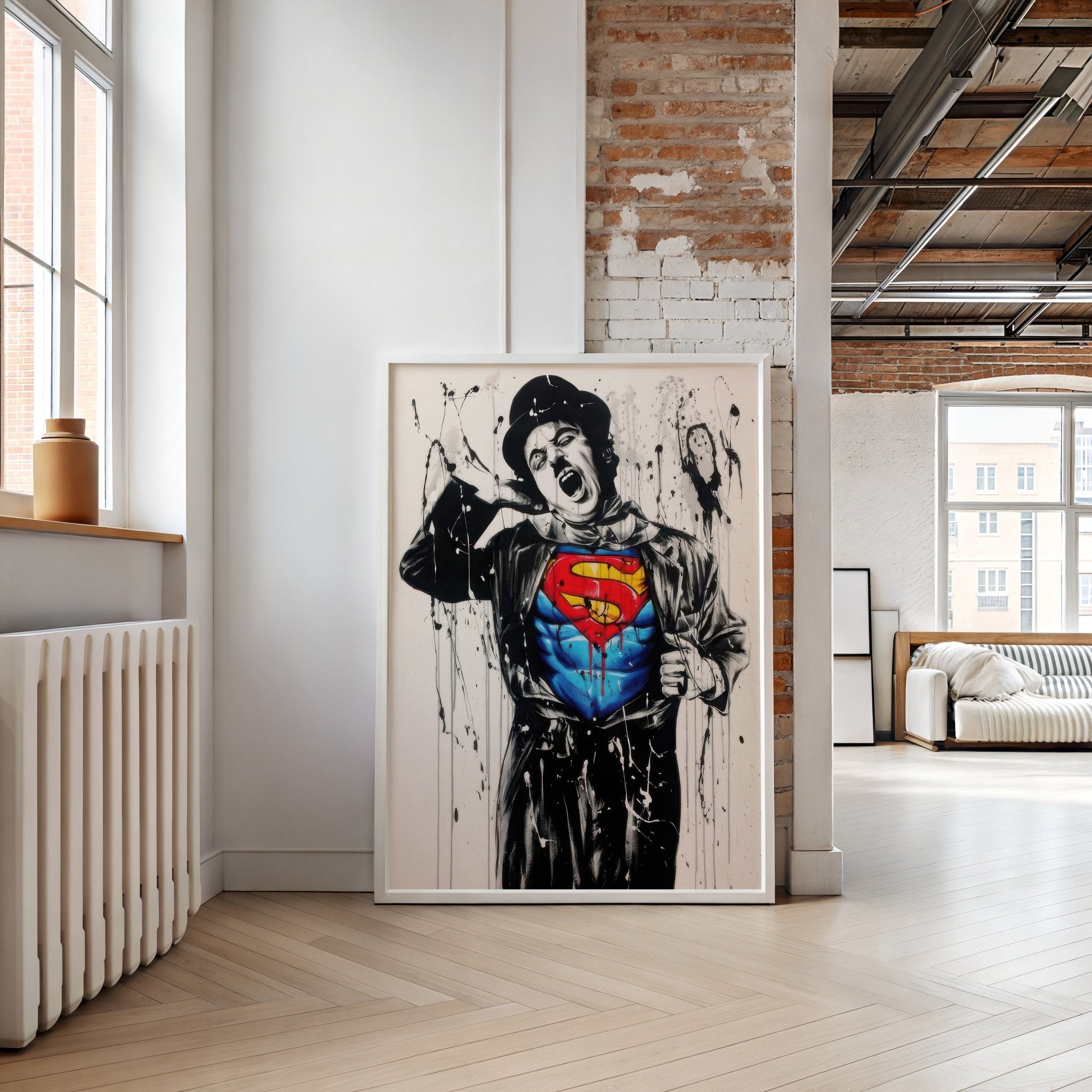 Framed artwork of a character wearing a Superman costume in a modern room.