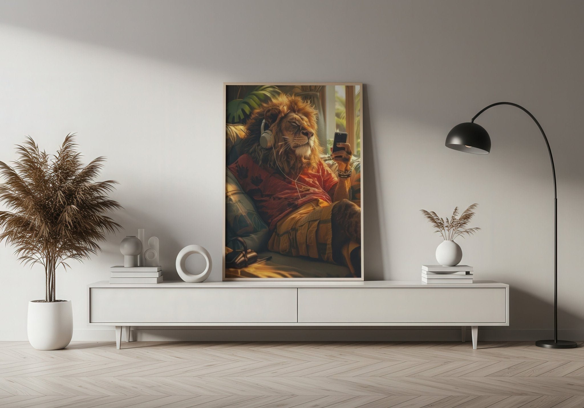 relaxed-lion-wall-decor-animal-art-headphones