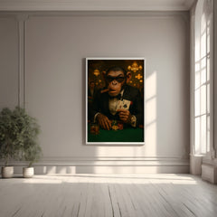 Framed artwork of a monkey playing poker on a wall in a room with light-colored walls and wooden floor.