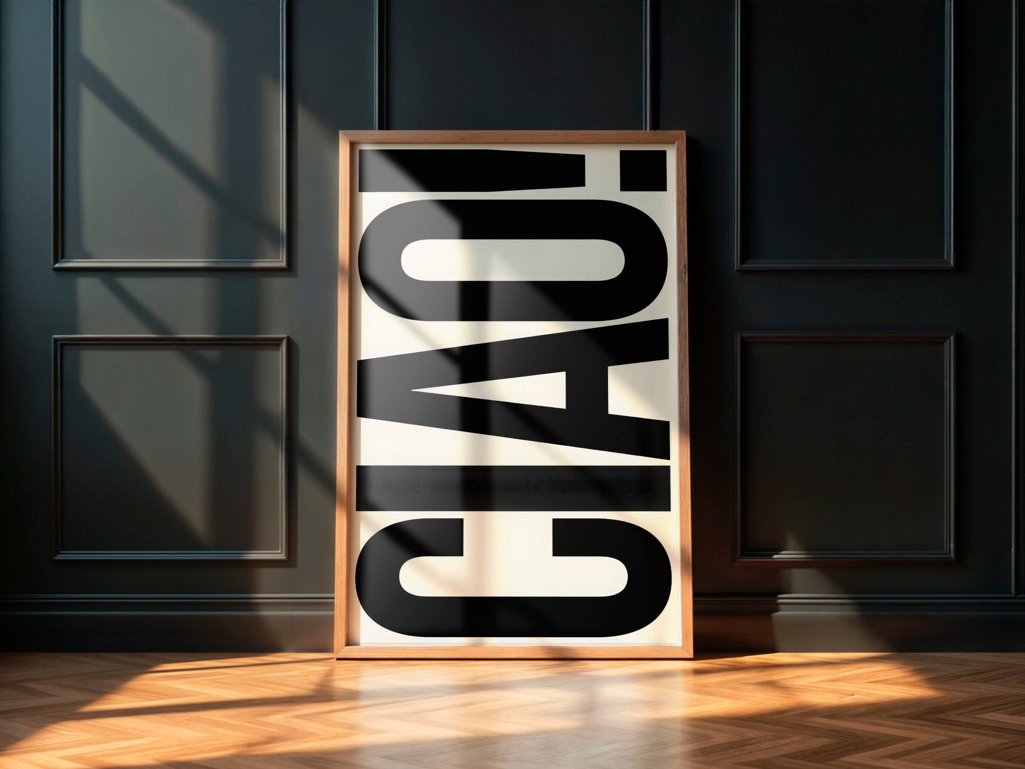 Framed artwork with 'CIAO!' text on a dark paneled wall.