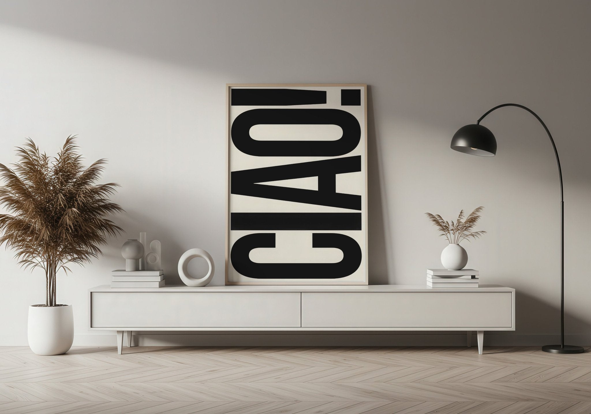 Modern living room with a 'CIAO!' poster on a white wall.