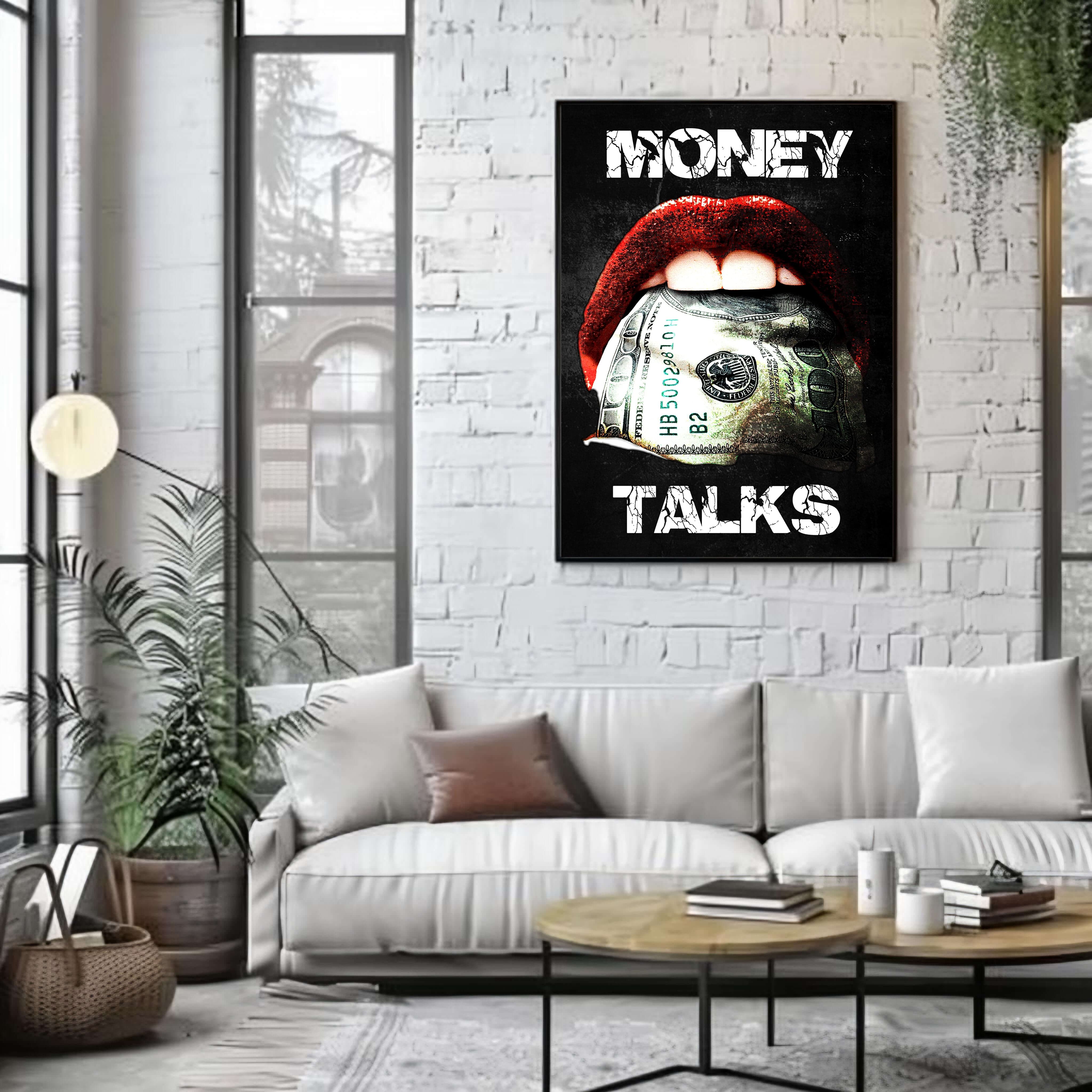 Contemporary pop art Money Talks wall art print, rebellious design with lips and dollar bill.