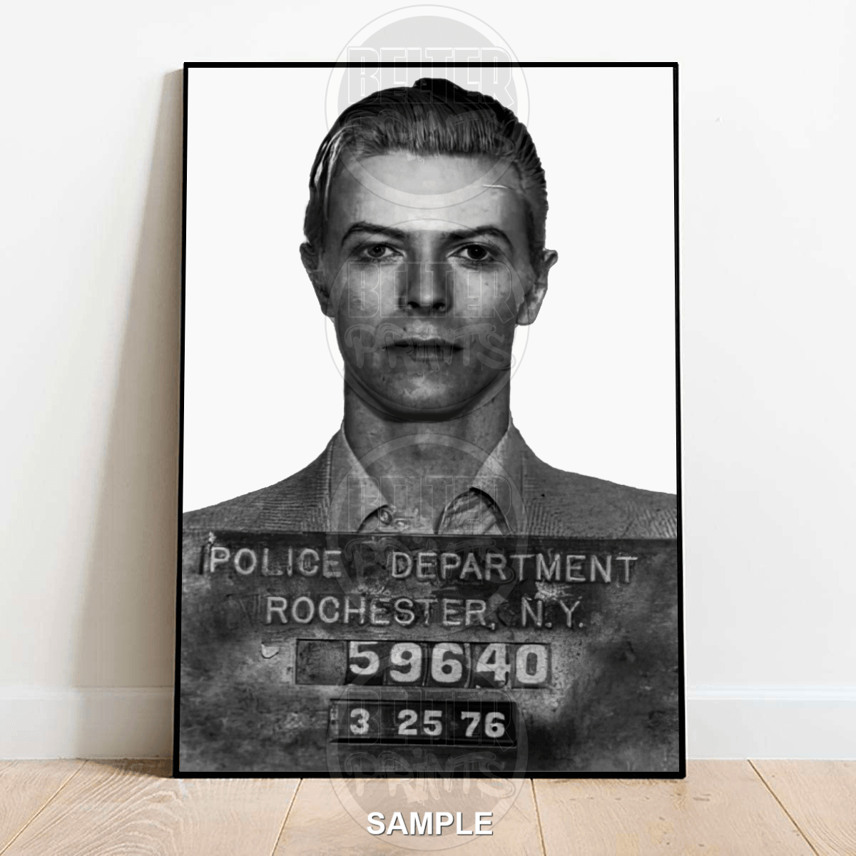 david bowie mugshot art, black and white wall print, music icon mugshot, rock and roll arrest photo