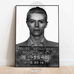 david bowie mugshot art, black and white wall print, music icon mugshot, rock and roll arrest photo