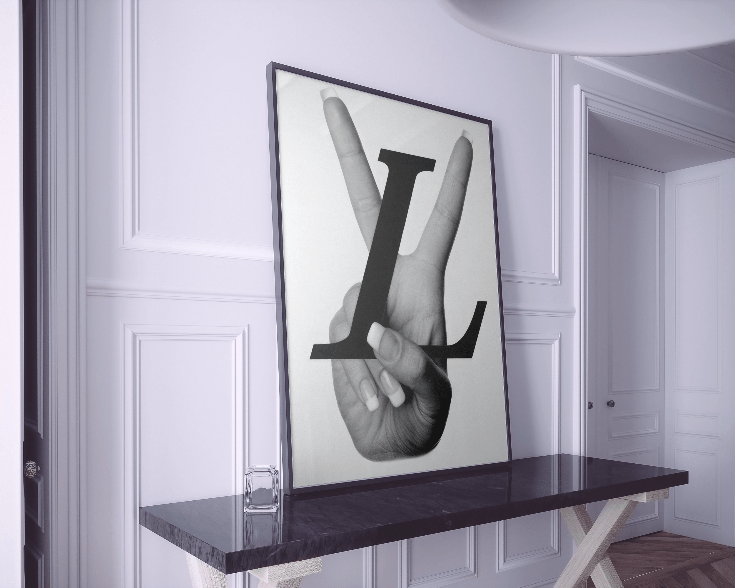 designer inspired artwork, bold fashion wall art, lv peace sign print