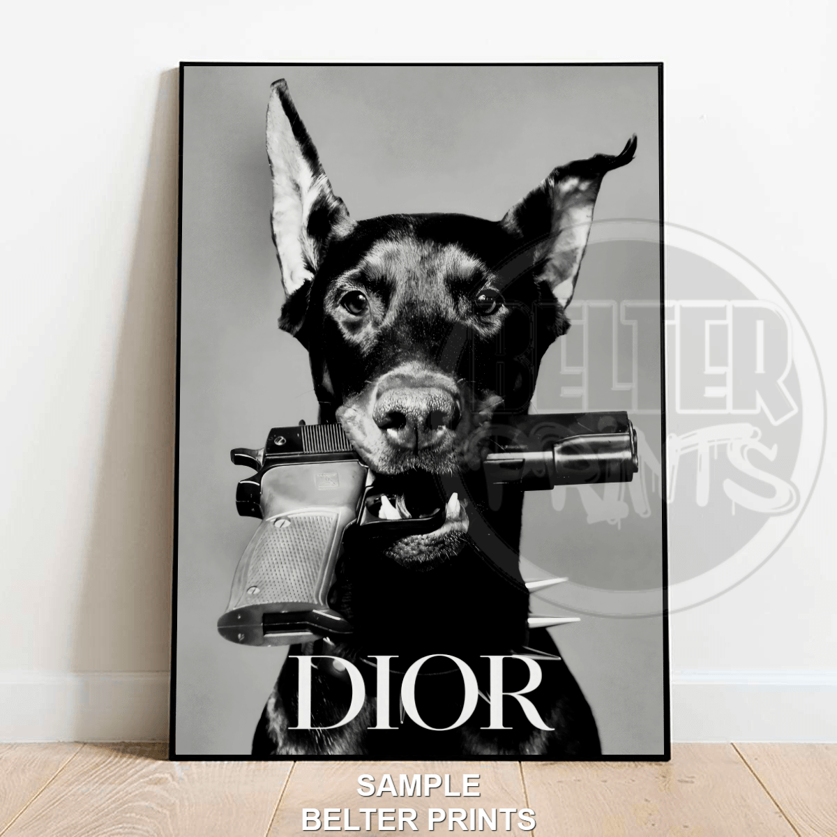 dior wall art, luxury dog print, fierce doberman artwork
