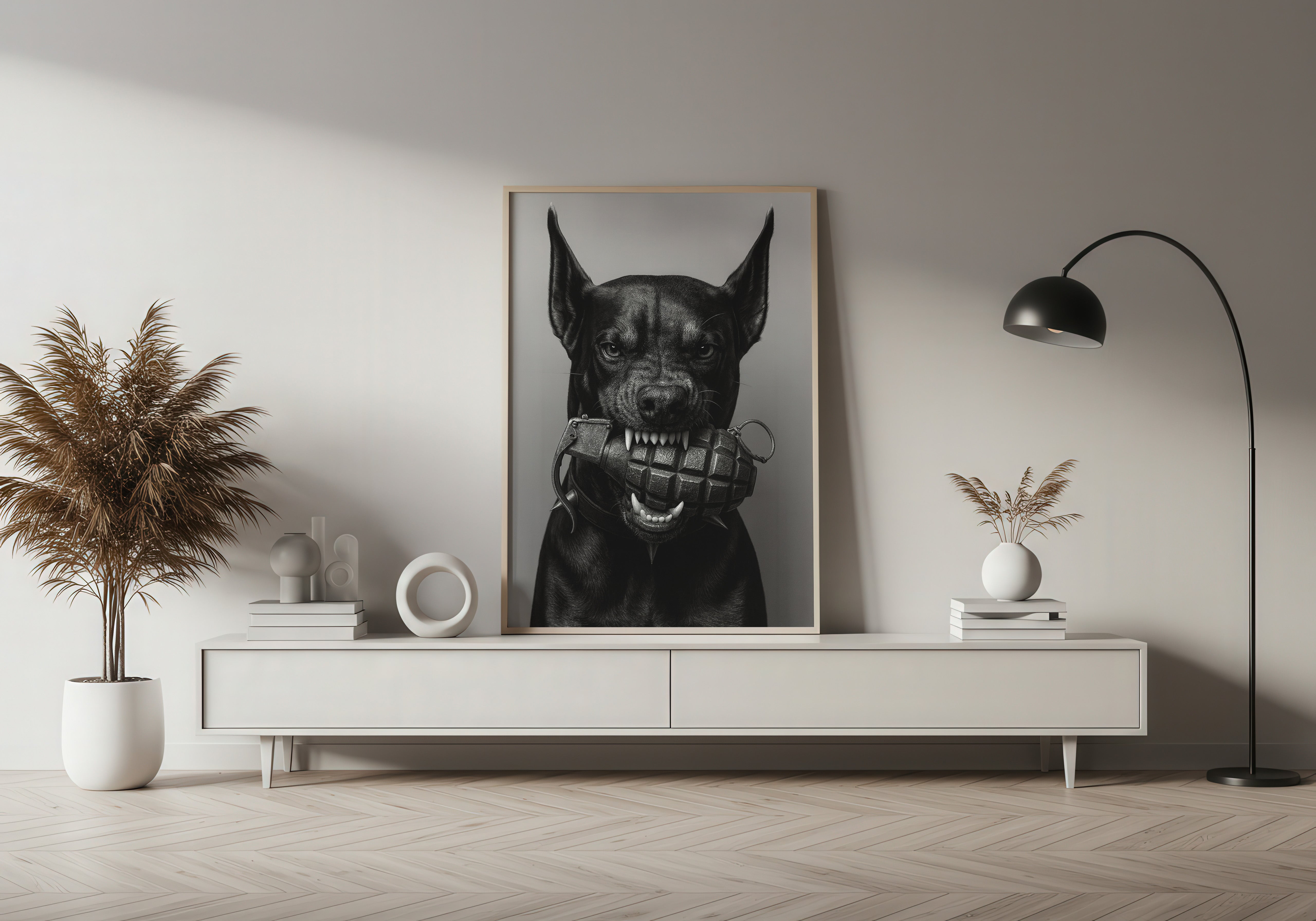 Modern living room with a framed black and white dog print on a white wall.