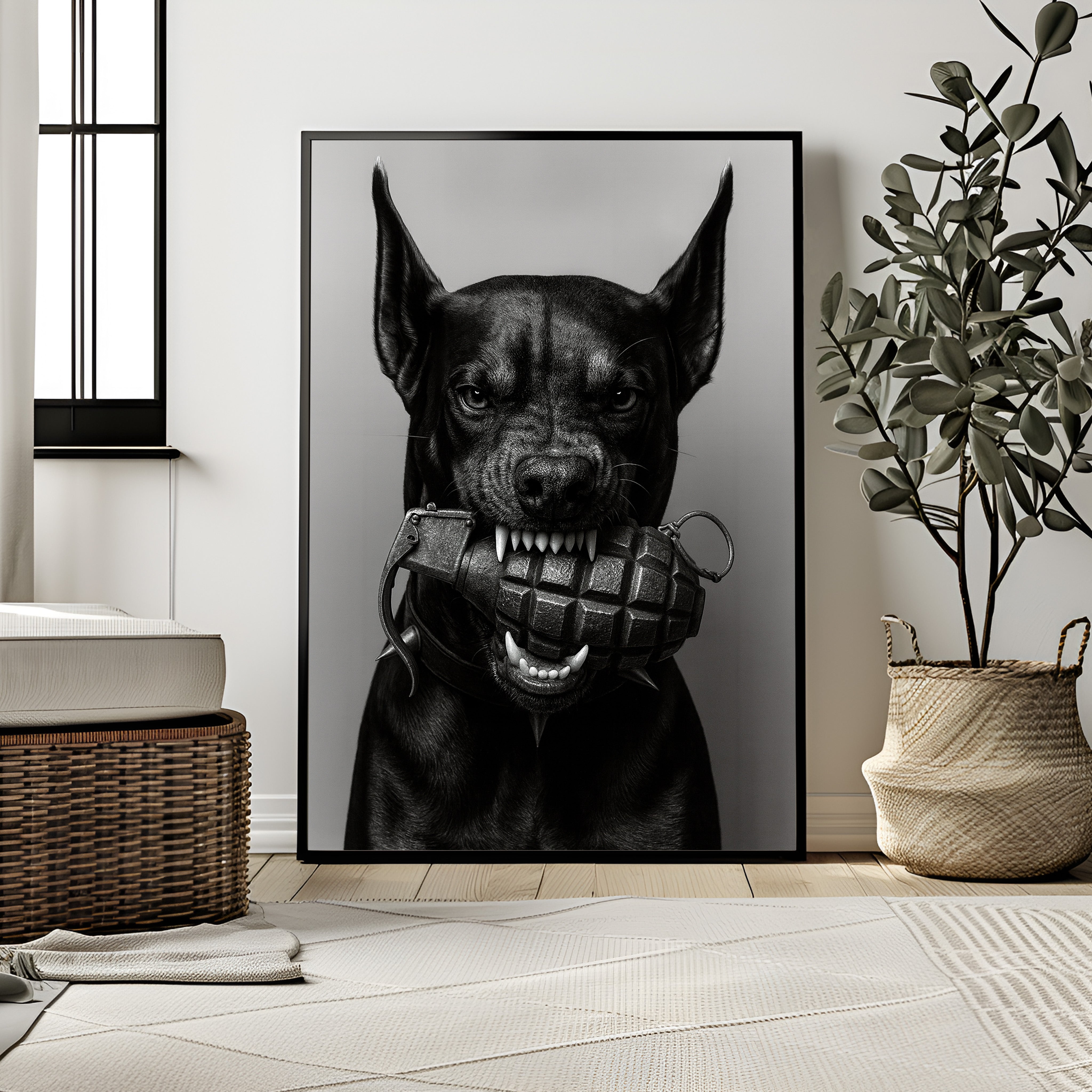 Framed artwork of a dog with a grenade in its mouth on a wall in a room.