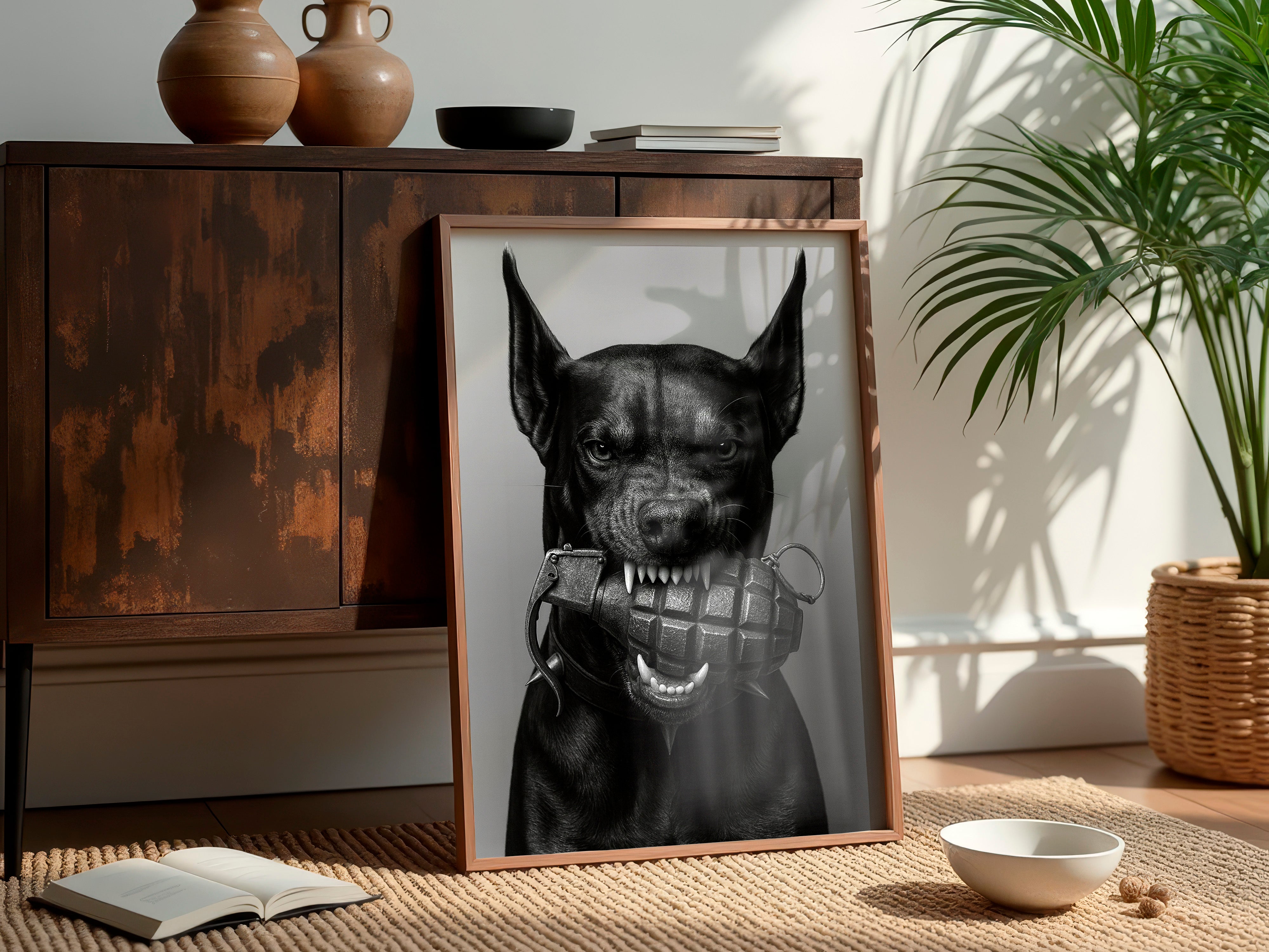 doberman-holding-grenade-wall-art