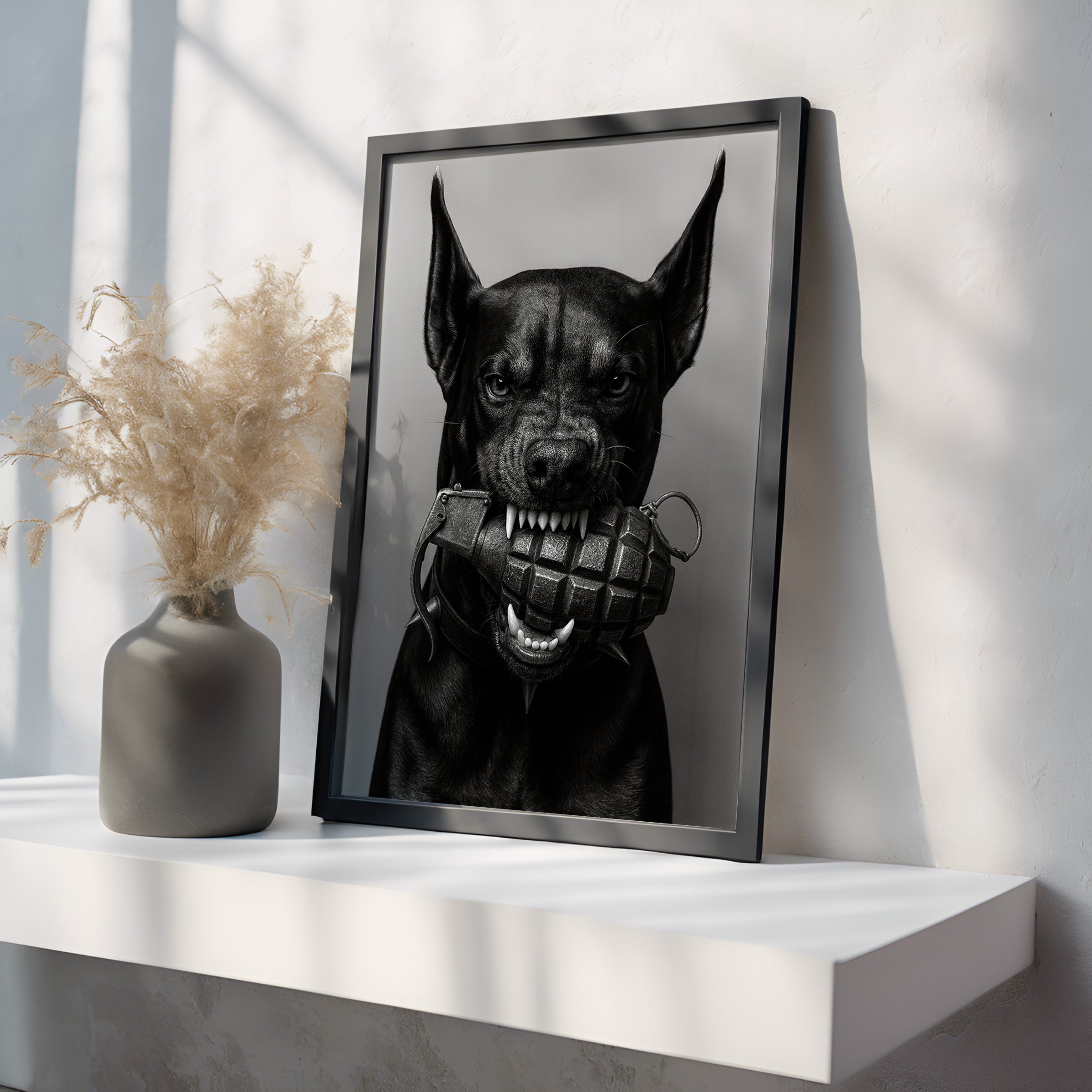 Framed black and white portrait of a dog on a white shelf with a vase.
