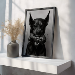Framed black and white portrait of a dog on a white shelf with a vase.